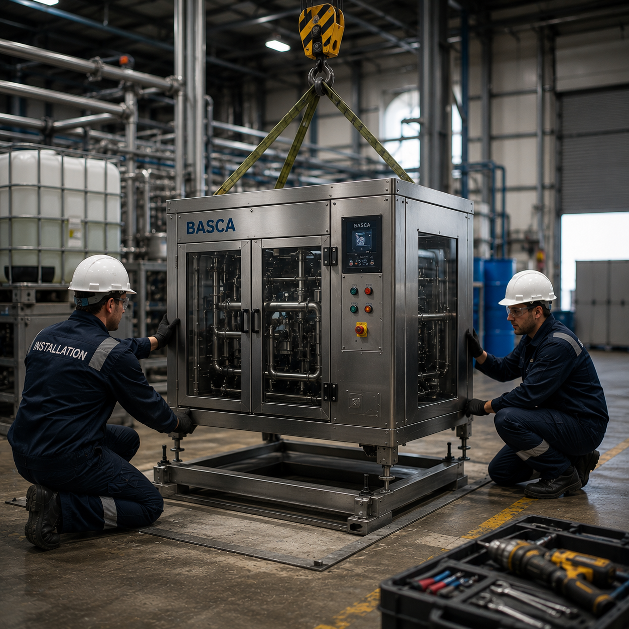 Engineers installing a BASCA washing machine on site